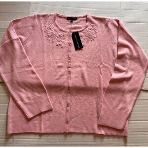 NWT- VTG-Carolyn Taylor Pink Cardigan Sweater L Embroidered Floral 100% Acrylic